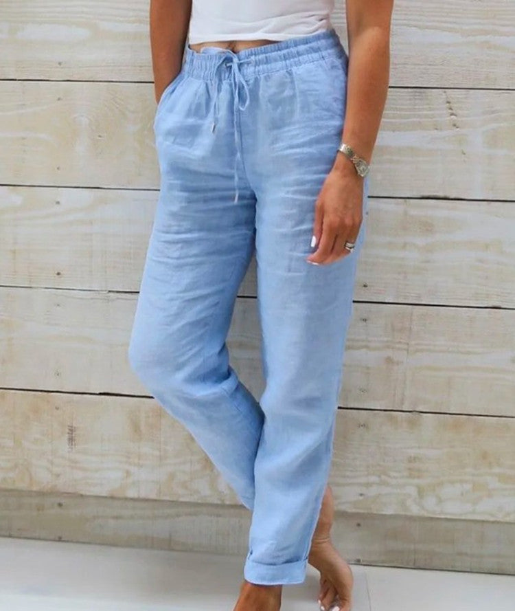Summer Elastic Waist Solid Color Cotton Linen Wide Leg Pants Loose Pants Women&
