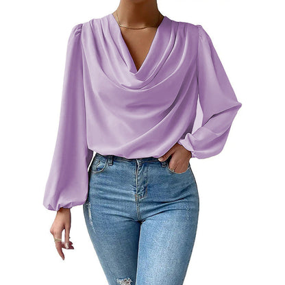 European And American Summer Chiffon Long-sleeved Shirt Loose Draped V-neck Top Limorista