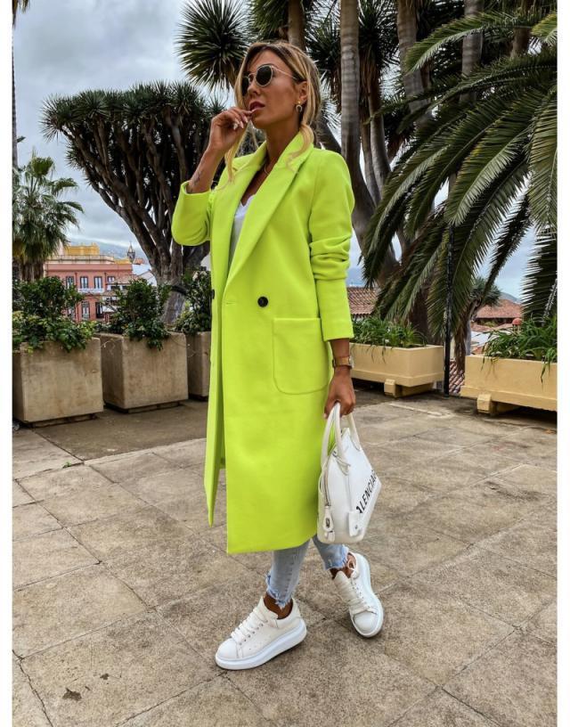 Long candy color lapel woolen coat Limorista