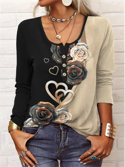 Long Sleeved Geometric Flower Mang U-neck Button Up T-shirt For Women Limorista