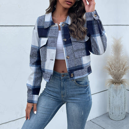 Plaid Lapel Cropped Jacket With Pockets Fashion Button Long Sleeve Short Outwear Tops Coat For Womens Clothing Limorista