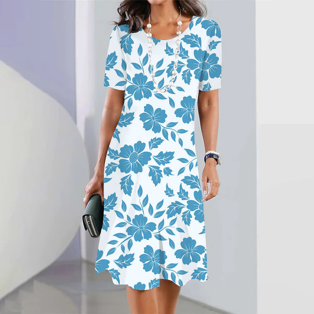 3d Floral Blue Printed Round Neck Fashion Party Dress Limorista