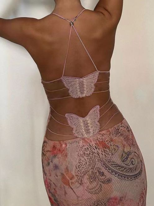 Floral Print Halter Spaghetti Straps Dress Sexy Slim Butterfly Back Dressess Spring Summer Womens Clothing Limorista