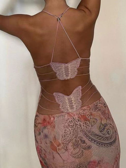 Floral Print Halter Spaghetti Straps Dress Sexy Slim Butterfly Back Dressess Spring Summer Womens Clothing Limorista