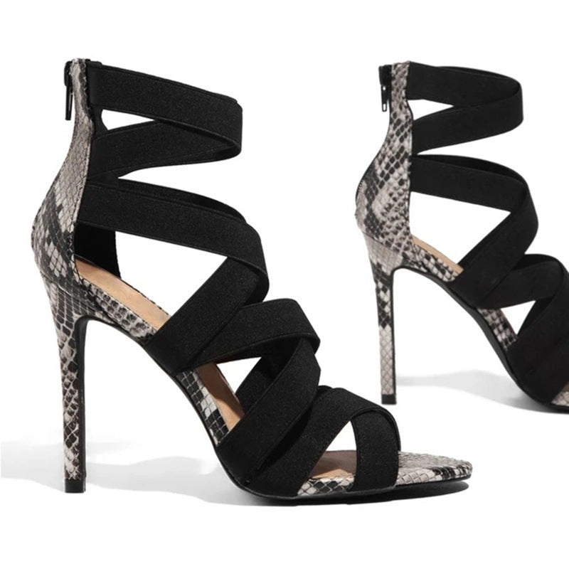 High heels with cross ties snake pattern thin High Heels Sandals Limorista
