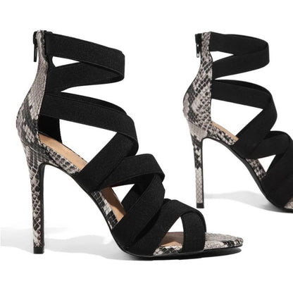 High heels with cross ties snake pattern thin High Heels Sandals Limorista