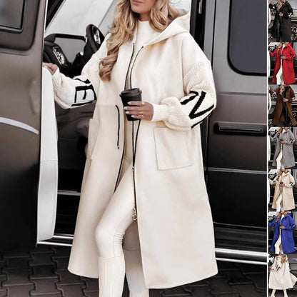 Hooded Windbreaker Long Jacket With Pockets And Drawstring Design Solid Color Knit-Sleeved Trench Coat For Women Clothing Fall Winter Limorista
