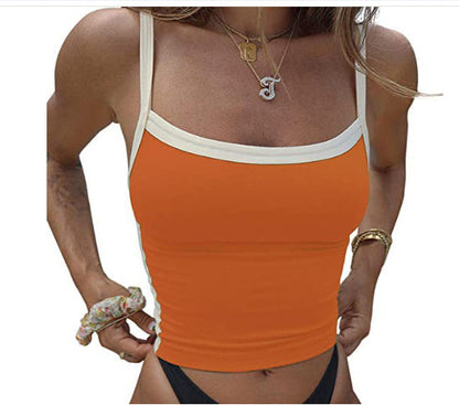 Basic Model Clashing Color Patchwork One-piece Neck Small Camisole Top Limorista