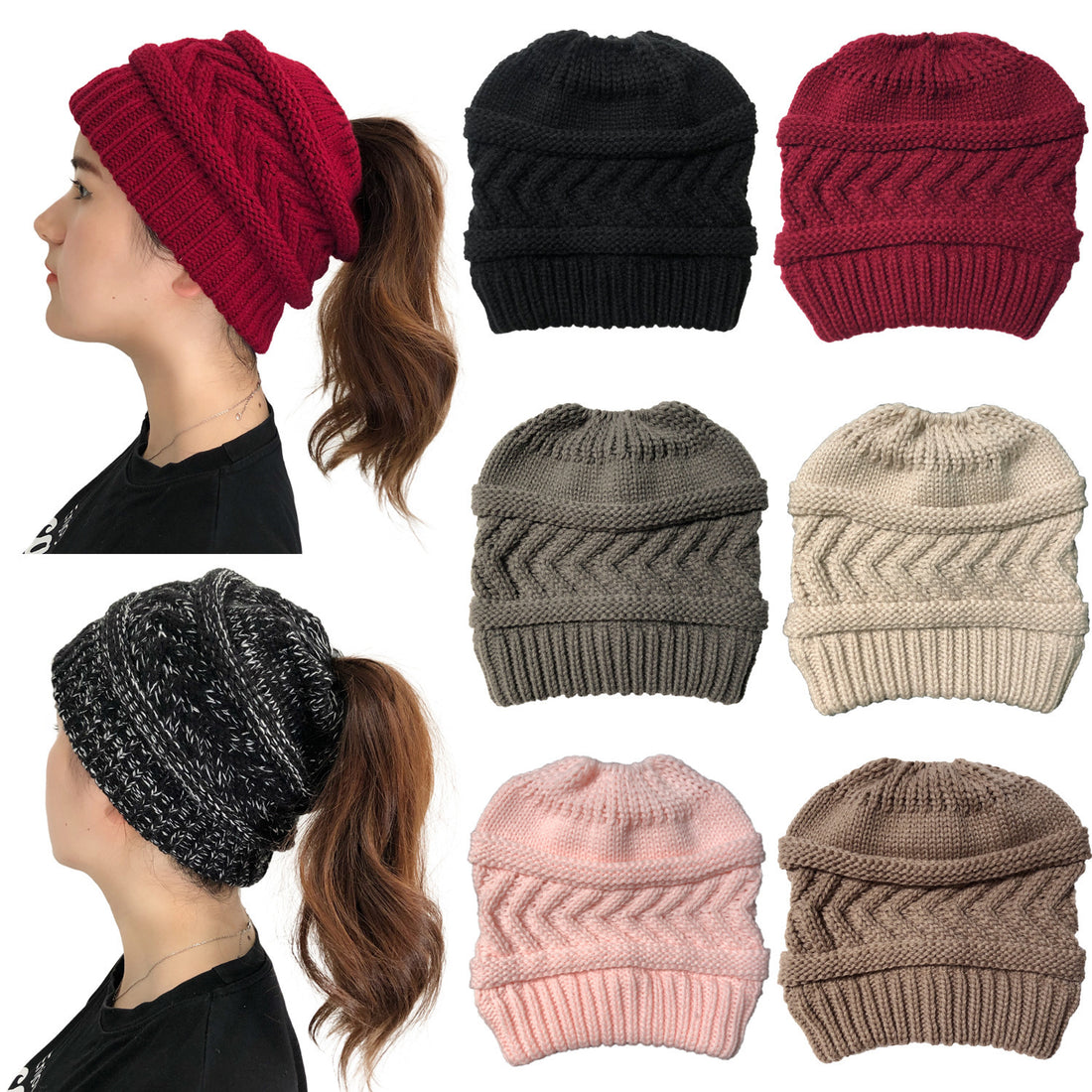 Ladies Ponytail Beanie Knit Stretch Hat Limorista