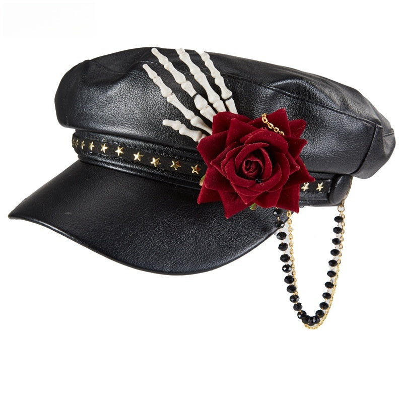Steam Punk Goth Rose Bead Necklace Baseball Peaked Cap Skull Manual Alarm Bay Hat Limorista