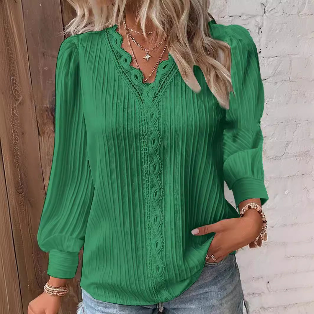 Long Sleeve V-neck Lace Patchwork Shirt Limorista
