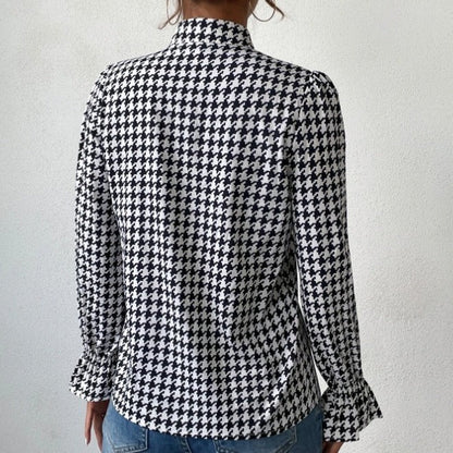 Houndstooth V-neck Long Sleeve Top Women Limorista