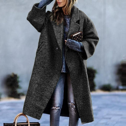 Autumn And Winter Long Woolen Color Temperament Commute No Belt Lapel Loose Woolen Green Coat Limorista