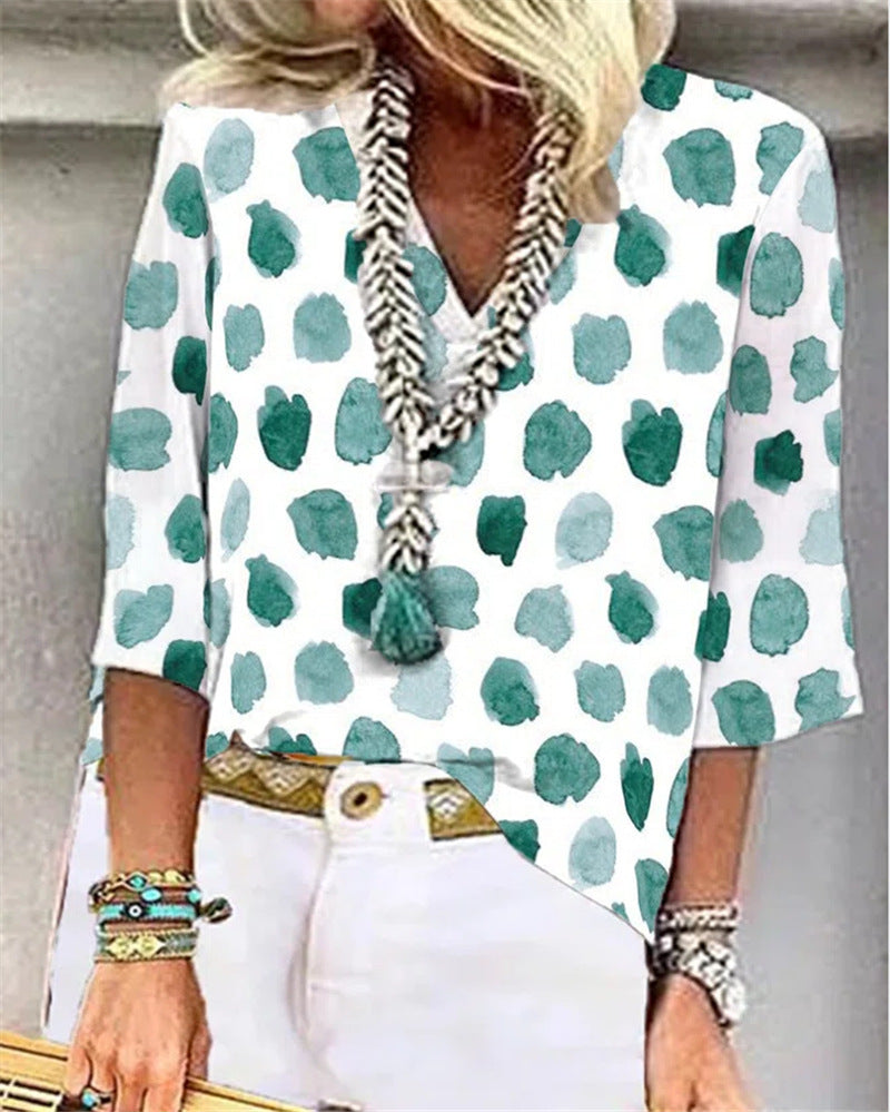 V-Neck Dot Print Loose Casual Shirt Top Limorista