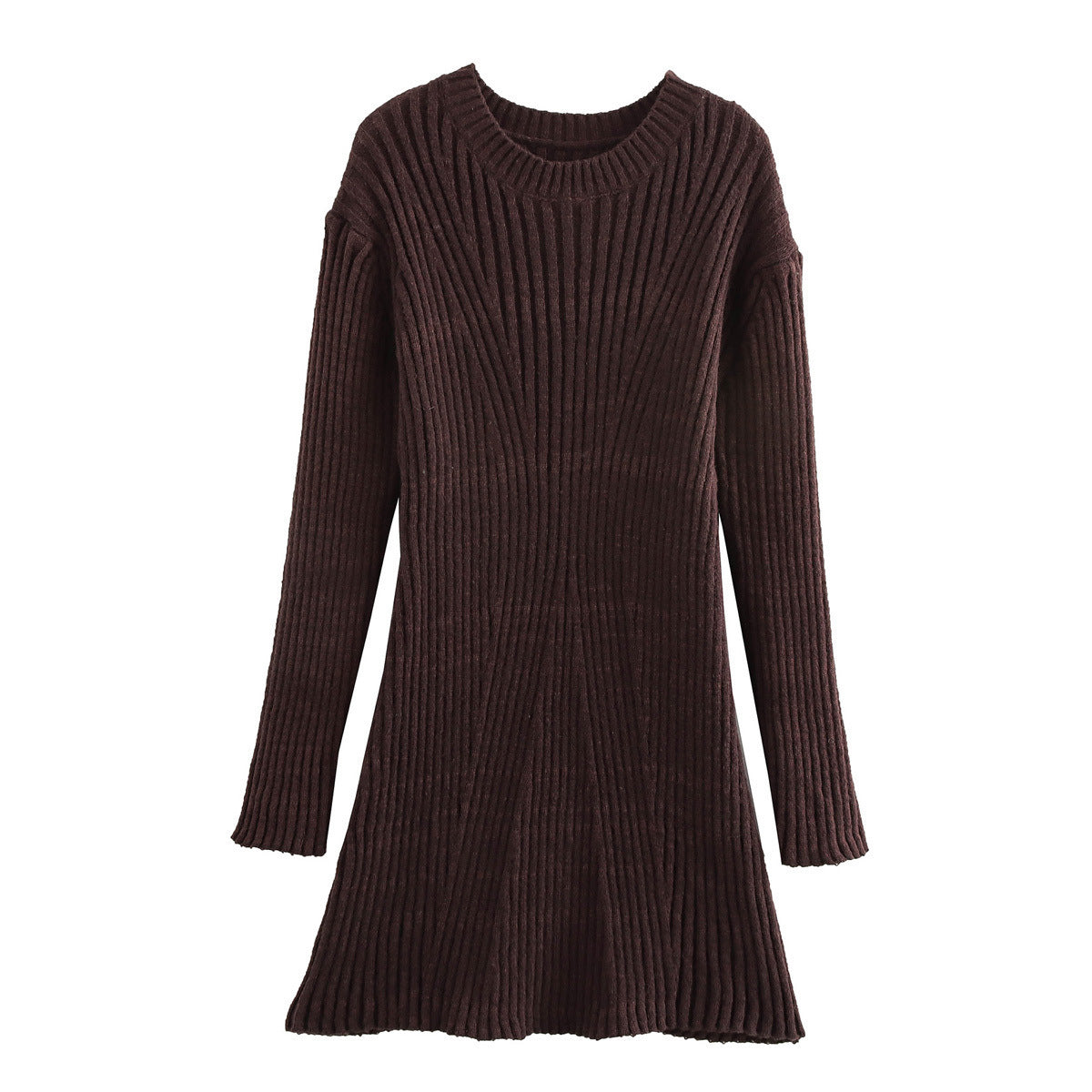 Fashion Solid Ribbed Knitted Dress Fall And Winter Slim-fit Stand-up Collar A-line Dresses Women&