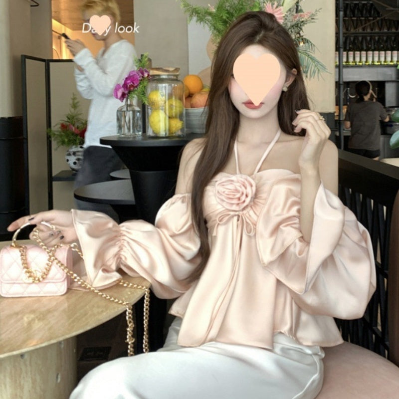 Limorista - French Style Design Flower Halter Off-shoulder Tube Top