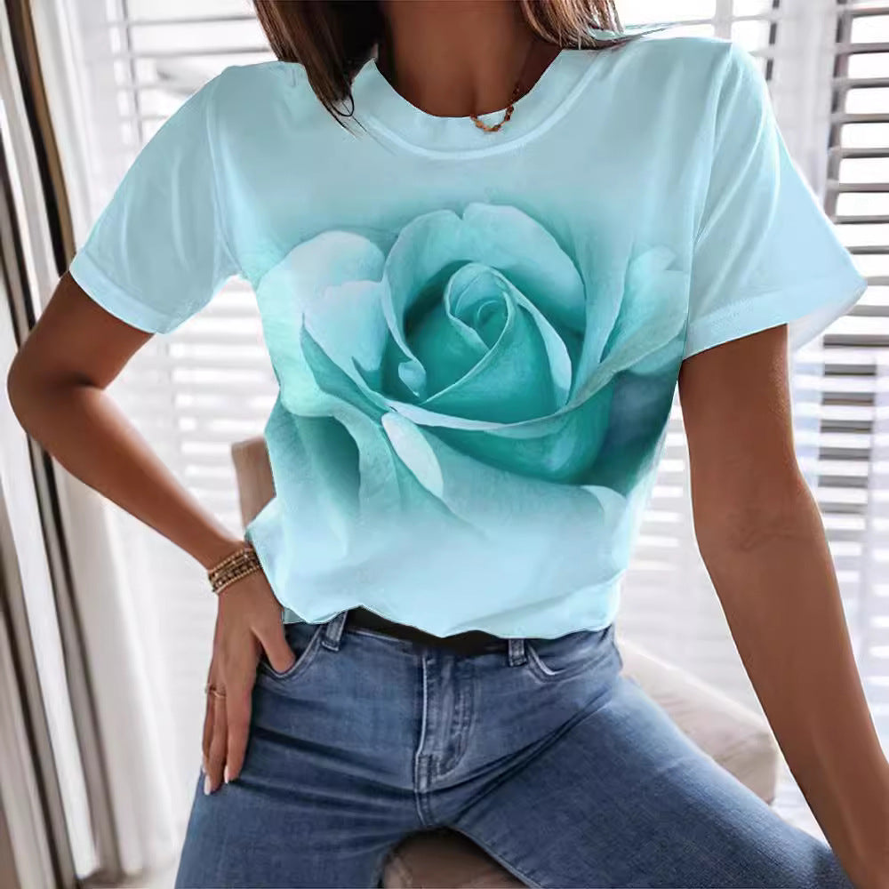 Fashion Rose 3D Printed T-shirt Round Neck Slim Fit Limorista