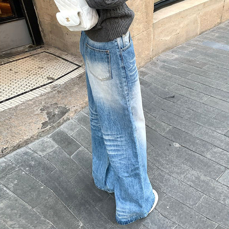 Crease Design Washed And Bleached Jeans For Women Straight Loose Floor-length Pear-shaped Wide-leg Trousers Limorista