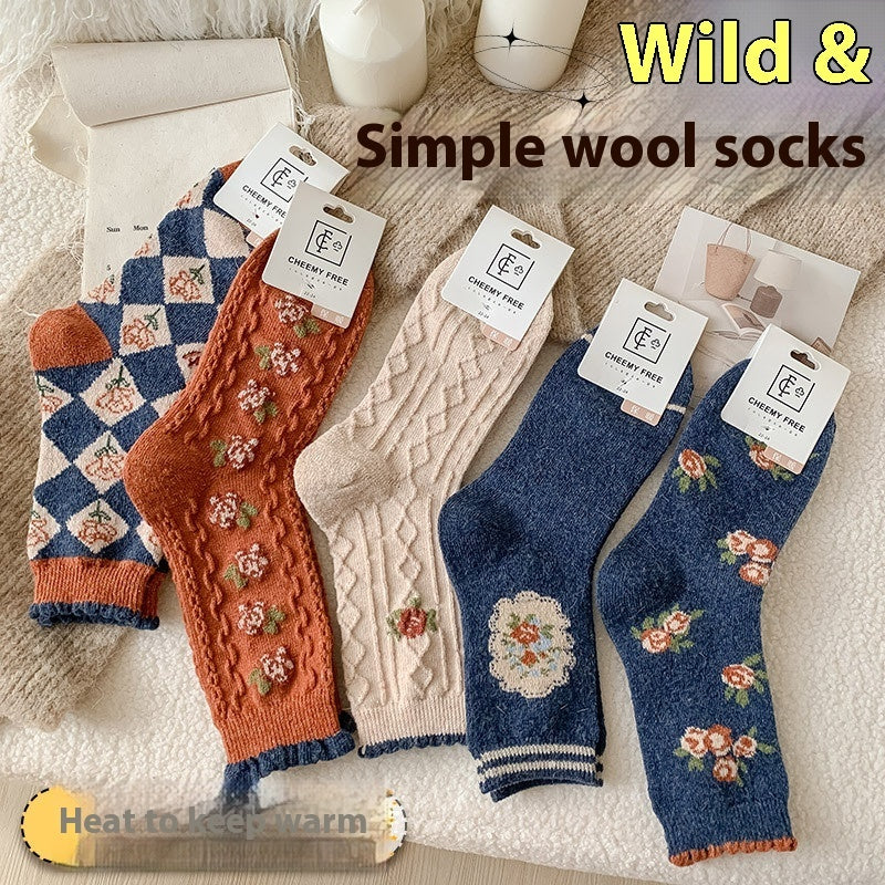 Vintage Small Flower Wool Socks Fleece Lined Padded Warm Keeping Tube Socks Limorista