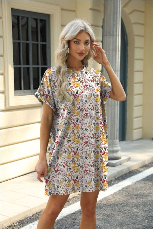 Loose Crew Neck Short Sleeve Printed Pocket Dress Limorista