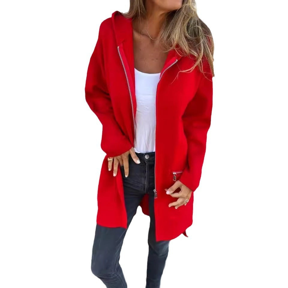Autumn And Winter Solid Color Casual Zipper Hooded Jacket Coat Limorista