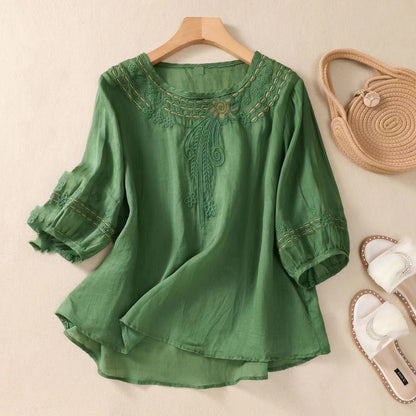 Vintage Cotton And Linen Embroidered Shirt Summer Half Sleeve Limorista