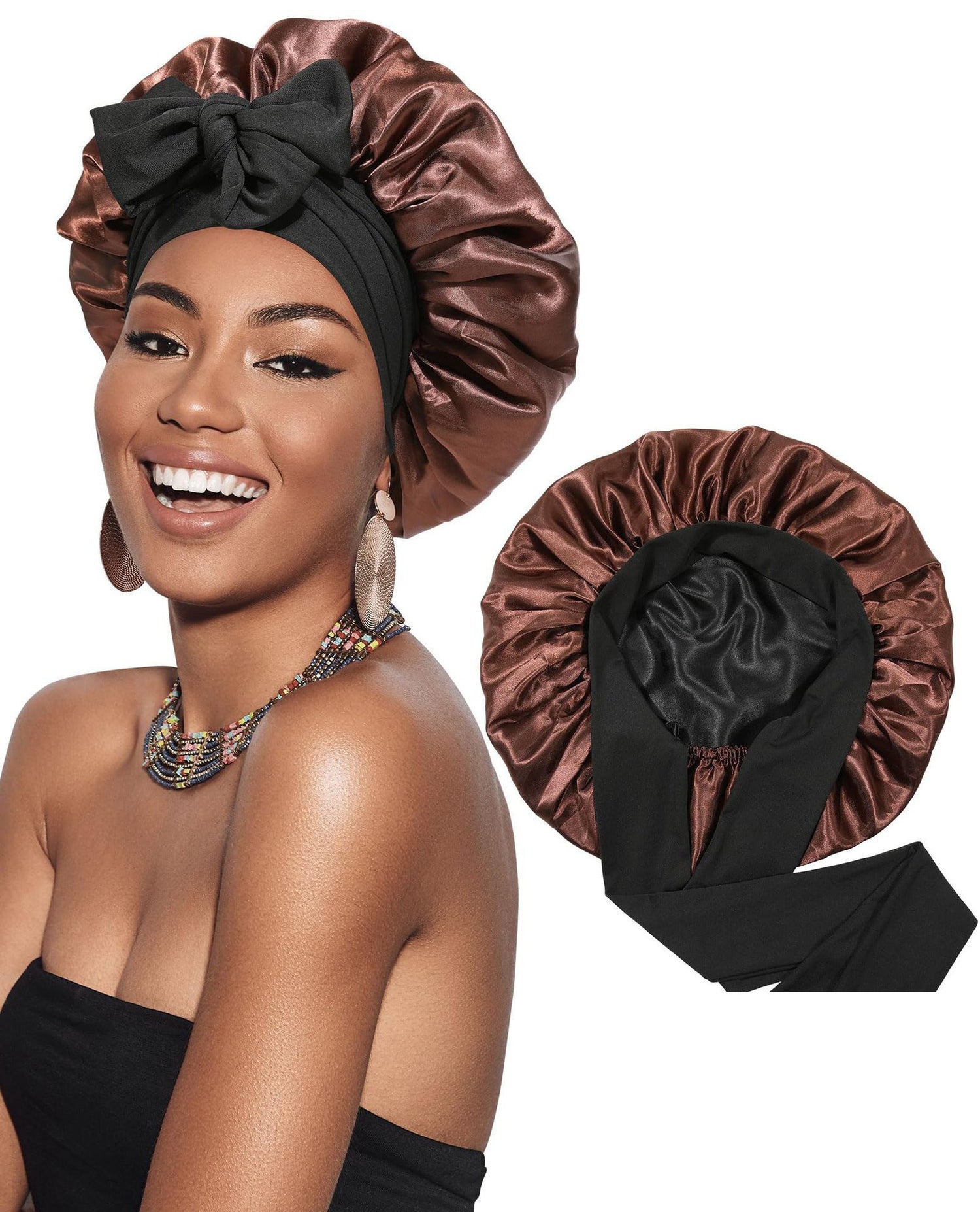 Double-layer Satin Ribbon Round Cap Bow Artificial Silk Beauty Hair Care Wide-brimmed Hat Limorista
