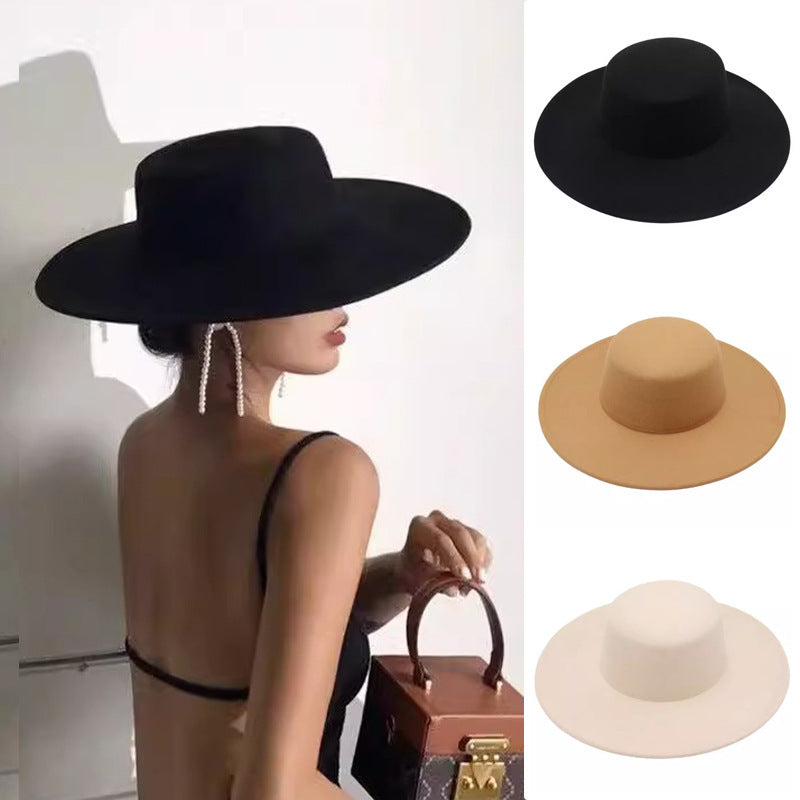 Flat Top Woolen Hat Big Brim Fedora Hat Hepburn Style Limorista