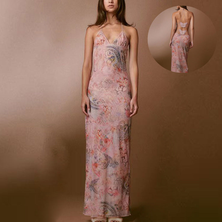 Floral Print Halter Spaghetti Straps Dress Sexy Slim Butterfly Back Dressess Spring Summer Womens Clothing Limorista