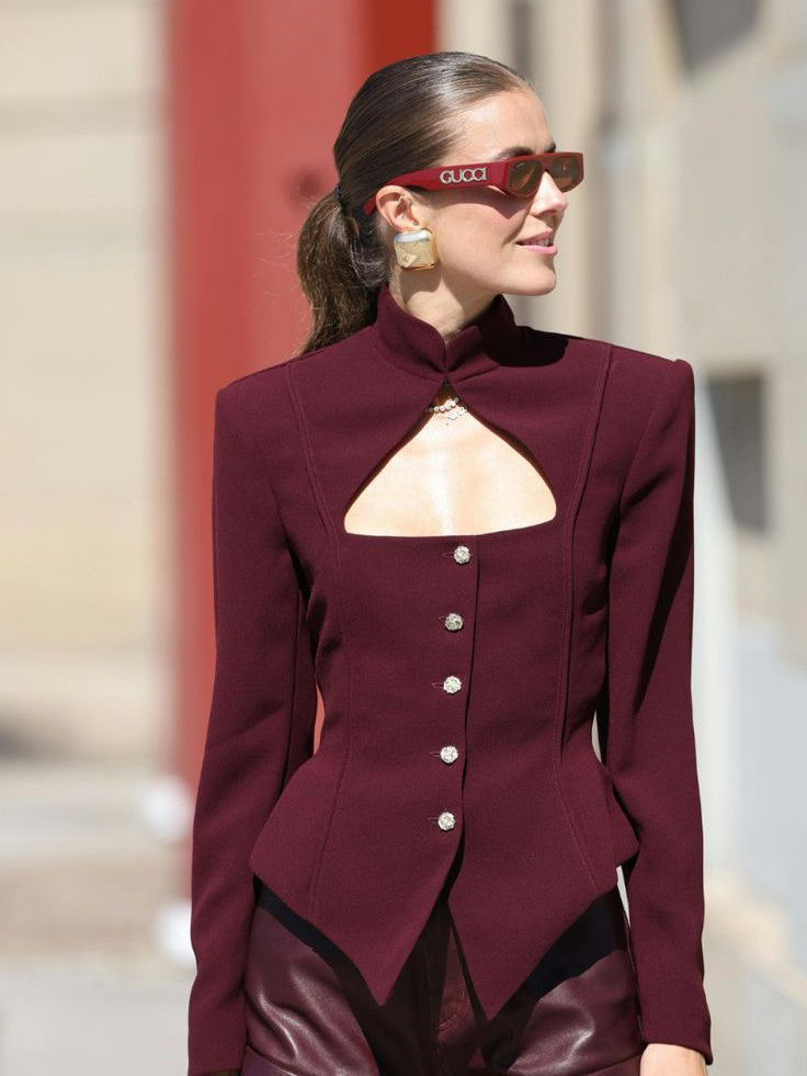 Burgundy Stand Collar Long Sleeve Top Limorista
