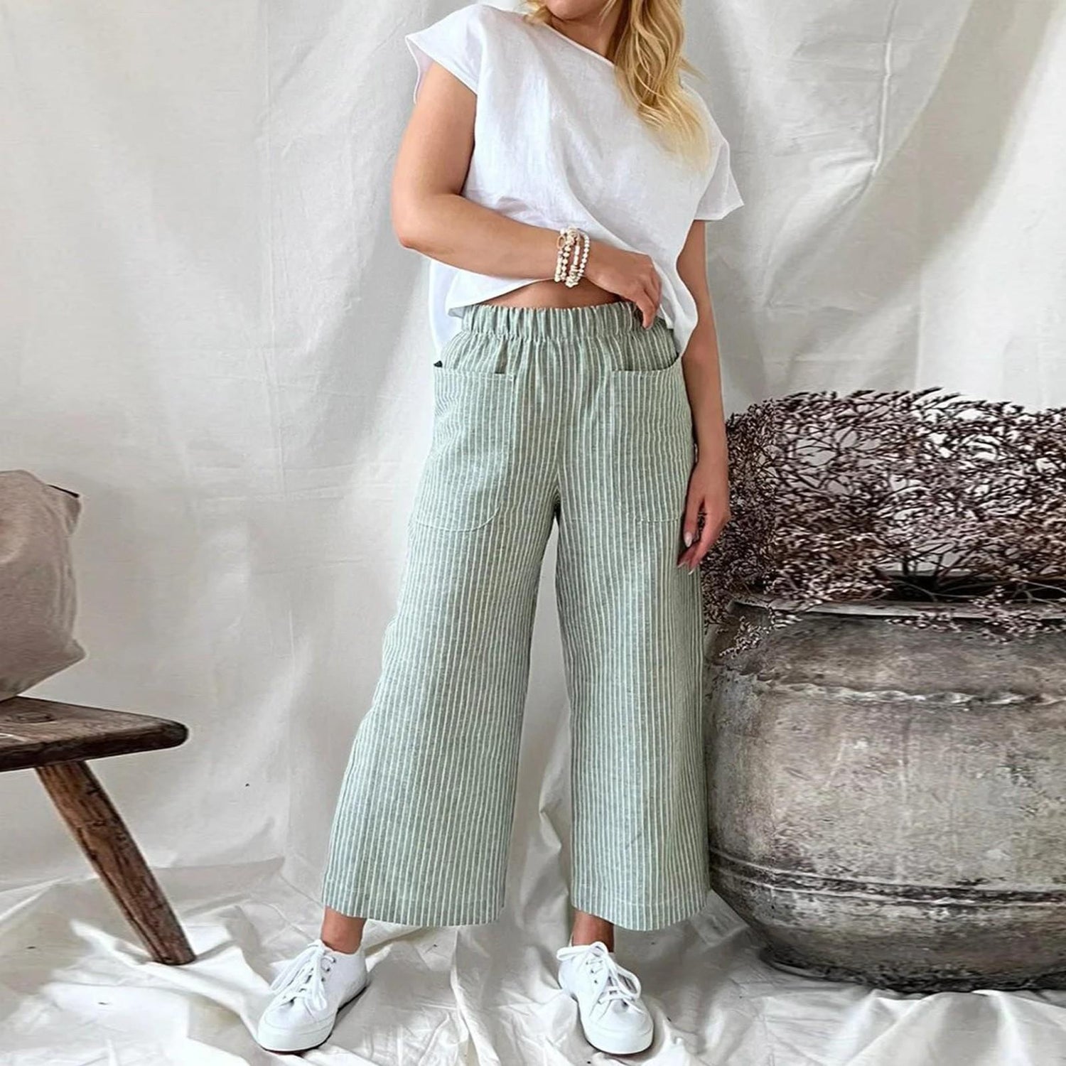 Loose Striped Cotton And Linen Fashion Casual Wide-leg Pants Limorista