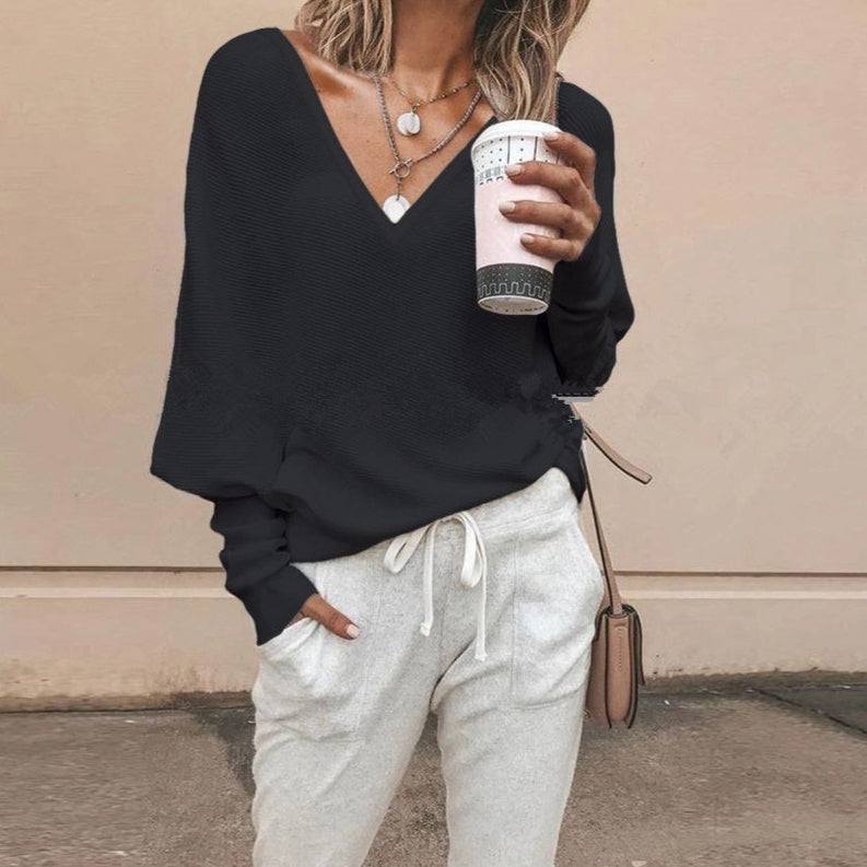 Solid Color And V-neck Batwing Sleeve Long Sleeve T-shirt Top For Women Limorista