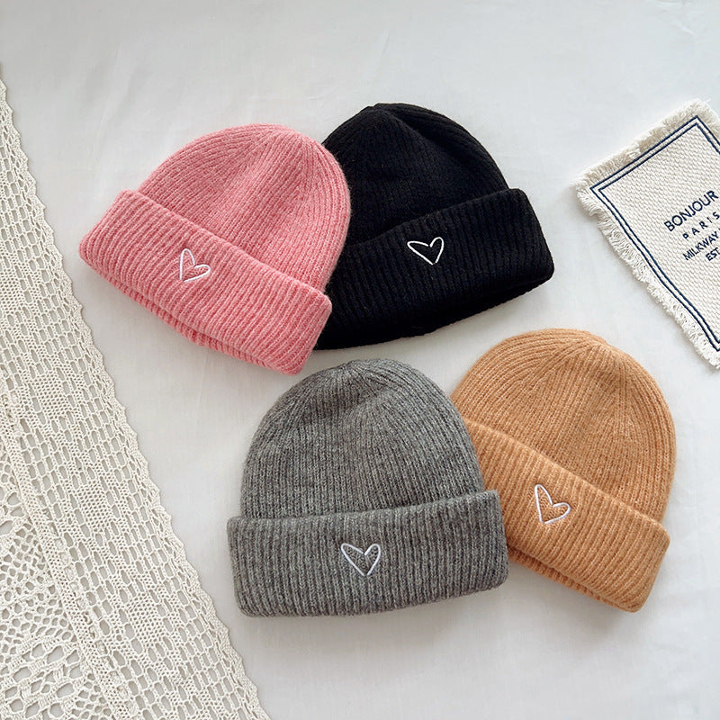 Heart Embroidery Solid Color Children Woolen Knitted Hat Limorista