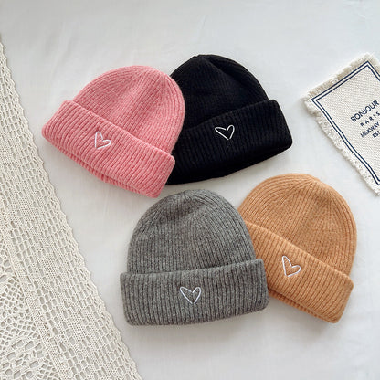 Heart Embroidery Solid Color Children Woolen Knitted Hat Limorista