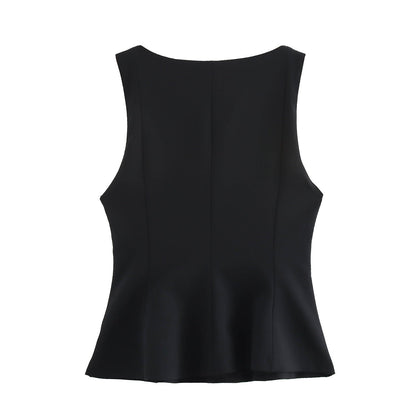 Pleated Slim-fit Square Collar Sleeveless Small Top Limorista