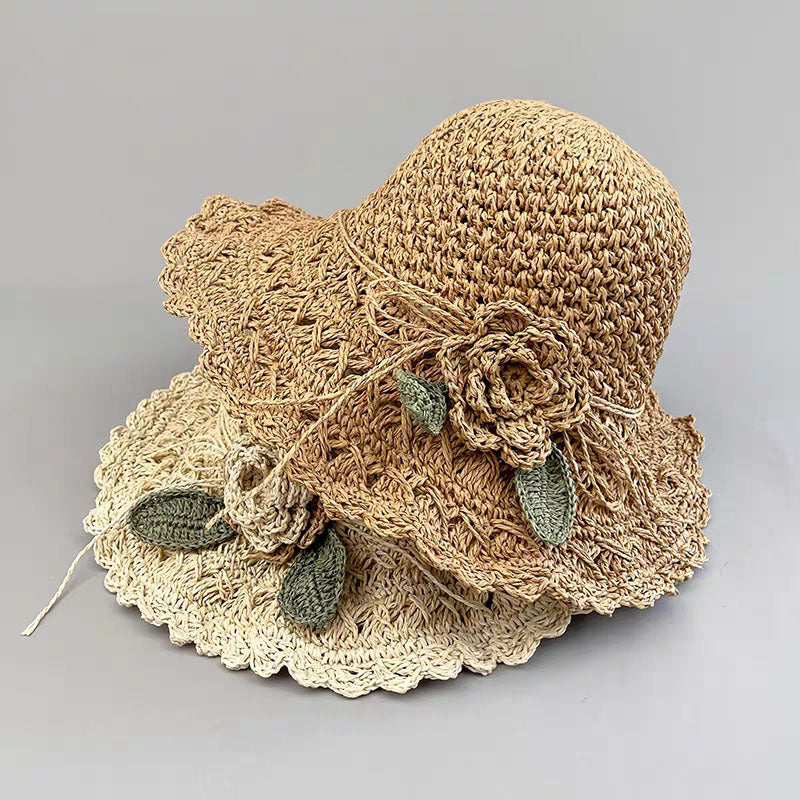 Hand-woven Summer Hat Straw Hat Female Sunshade Flower Foldable Sun Protection Sun Hat Limorista