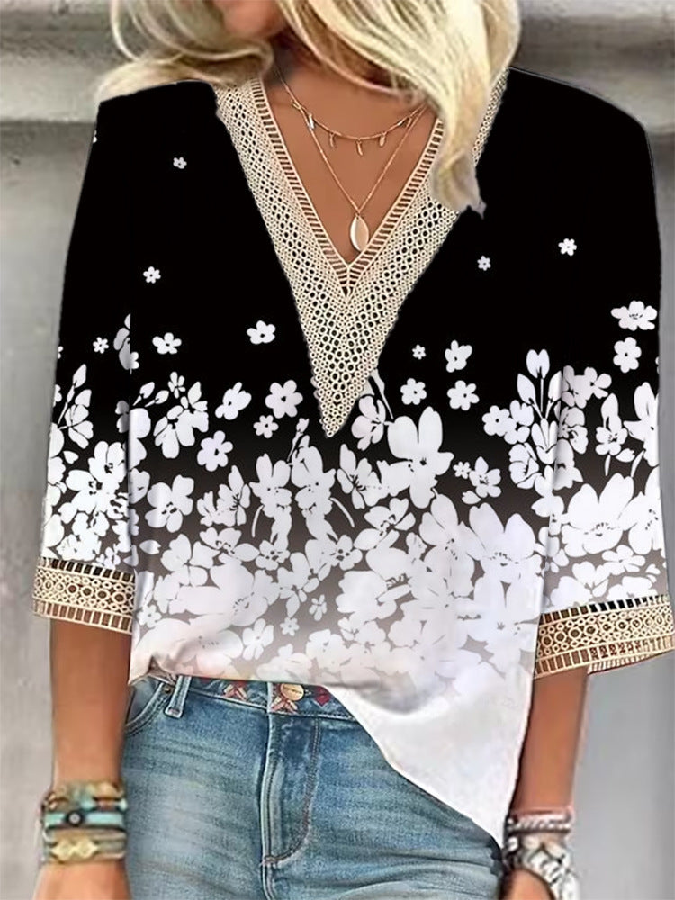 European And American Popular Fashion Loose Multi-color Floral Print Stitching Lace Half Sleeve V-neck Top Limorista