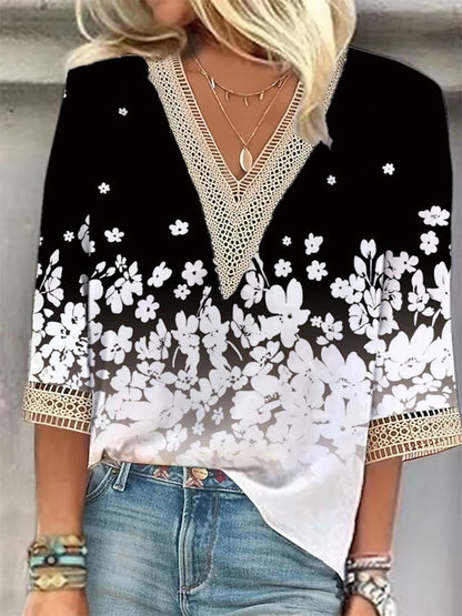 European And American Popular Fashion Loose Multi-color Floral Print Stitching Lace Half Sleeve V-neck Top Limorista