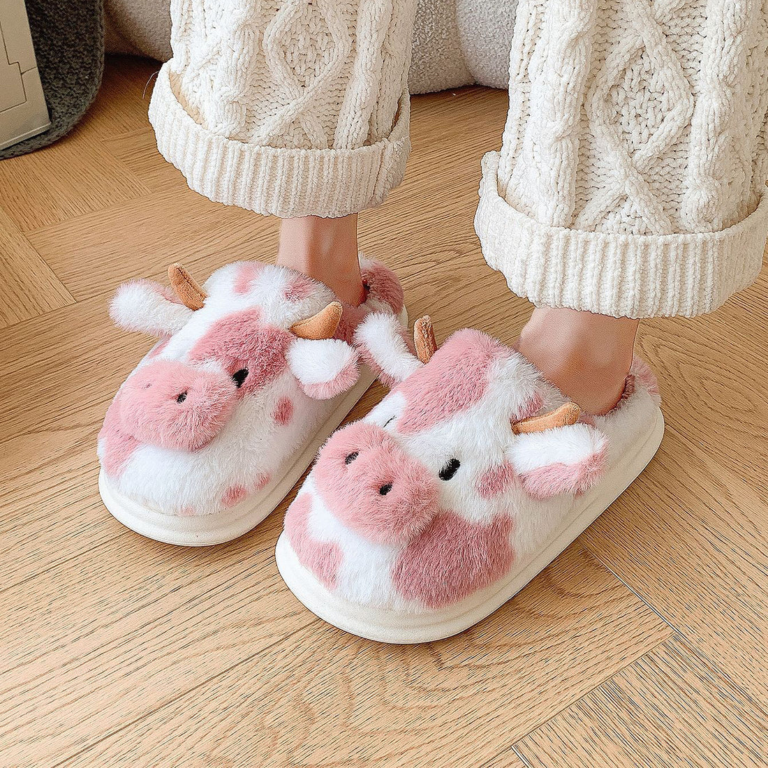 Cute Cartoon Cow Plush Slippers Winter Warm Indoor Bedroom Floor Fuzzy Slipper Couple Non-slip House Shoes Limorista