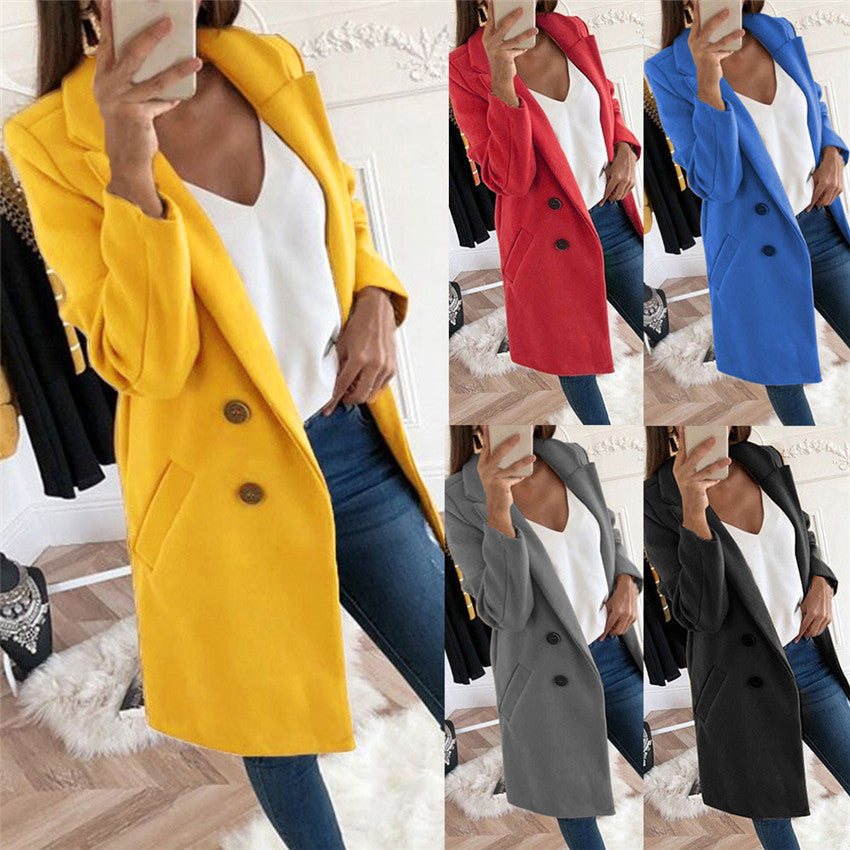 Solid Color Polo Collar Mid-length Button Woolen Coat Limorista