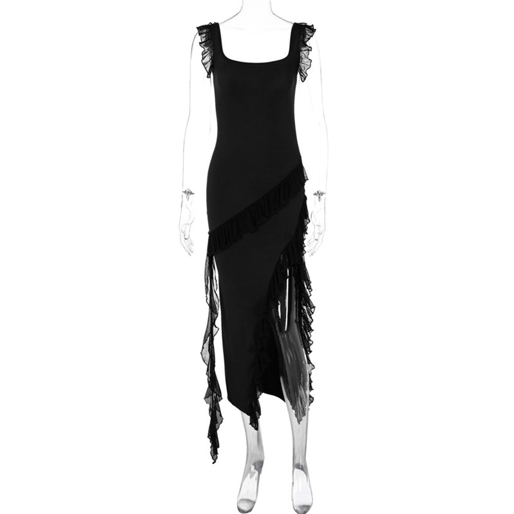 Ruffle Thigh High Split Dress Women Sexy Spaghetti Strap Square Neck Backless Suspender Dresses For Evening Praty Clothing Limorista