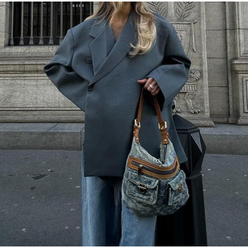 Lapel Side Slit Suit Jacket Women&