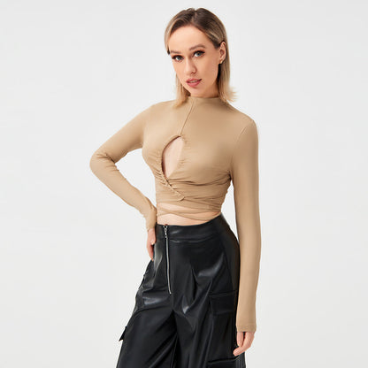 Long Sleeve Tie Cutout Sexy T-Shirt Women&