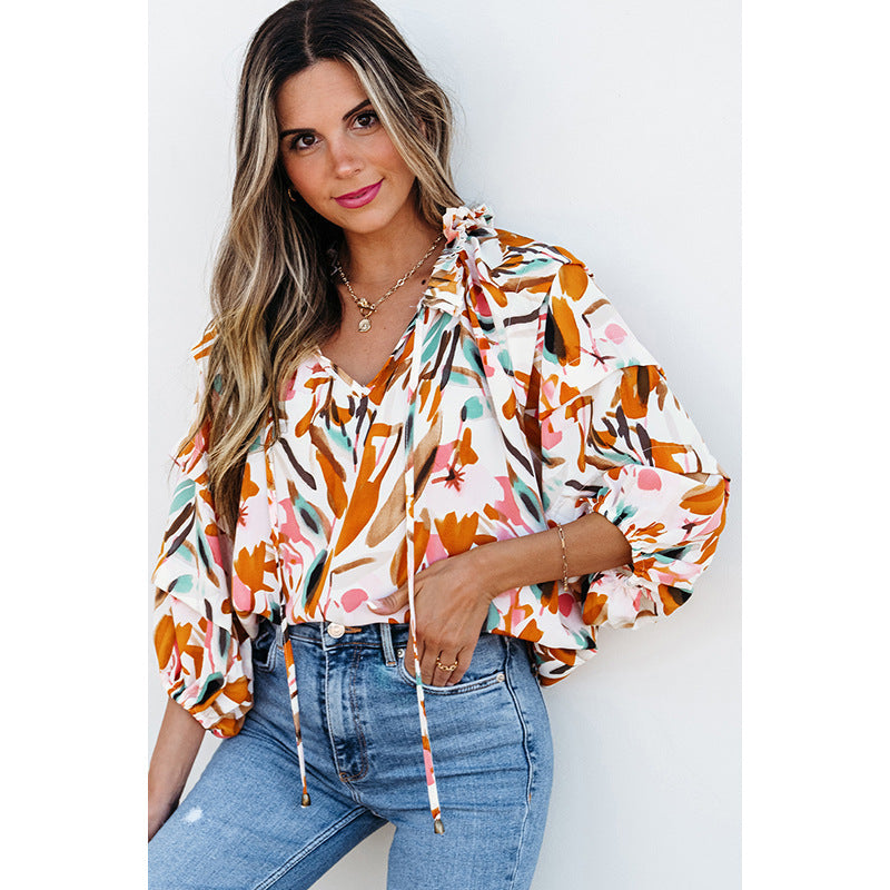 European And American Fashion Colorblock Printed V-neck Chiffon Shirt Women Limorista