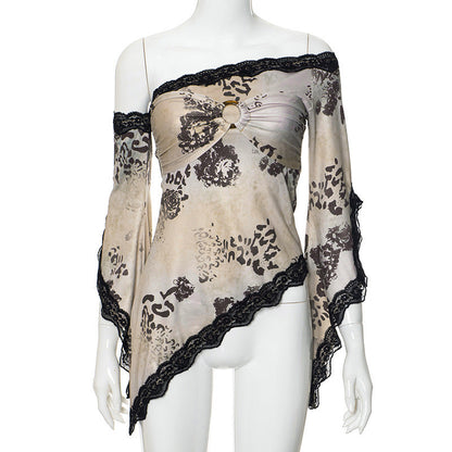 American Retro Asymmetric Lace Design Off-shoulder Buckle Top Limorista