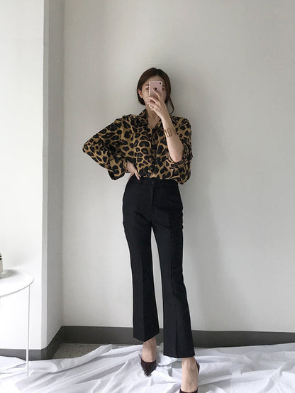 Vintage Leopard Print Loose Long Sleeve Shirt Limorista