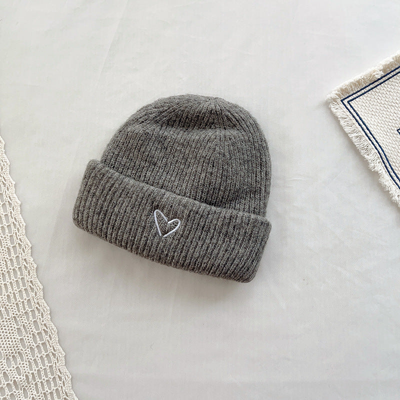 Heart Embroidery Solid Color Children Woolen Knitted Hat Limorista