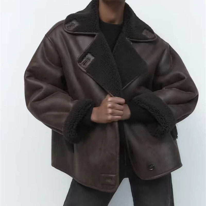 Faux Leather Double-sided Jacket European And American Locomotive Long Breasted Coat Limorista