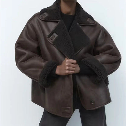 Faux Leather Double-sided Jacket European And American Locomotive Long Breasted Coat Limorista