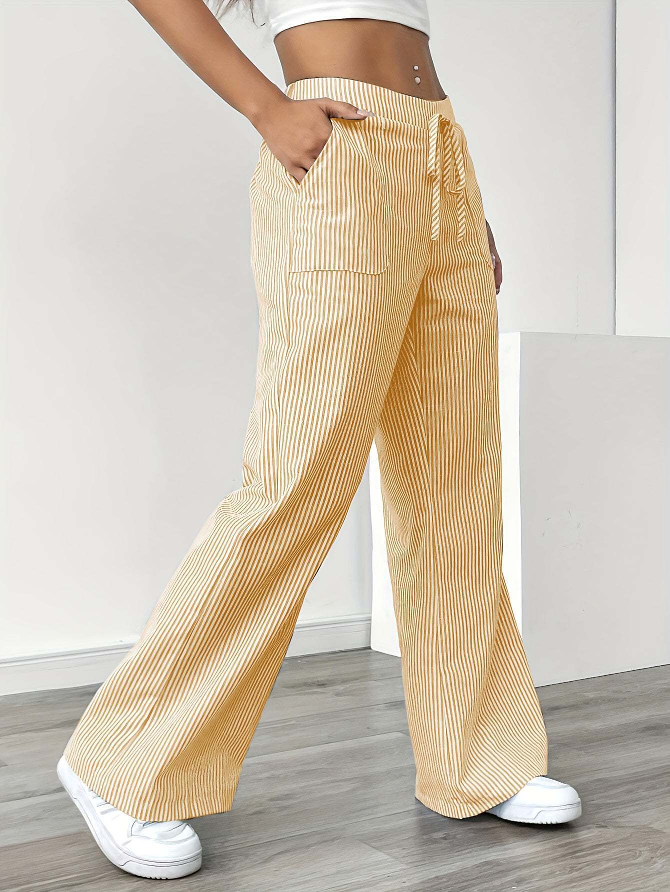 New Striped Trousers With Pockets Casual Versatile Loose Wide Leg Pants Women&